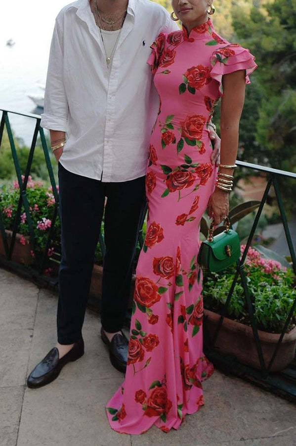 Rose Print Bodycon Maxi Dress