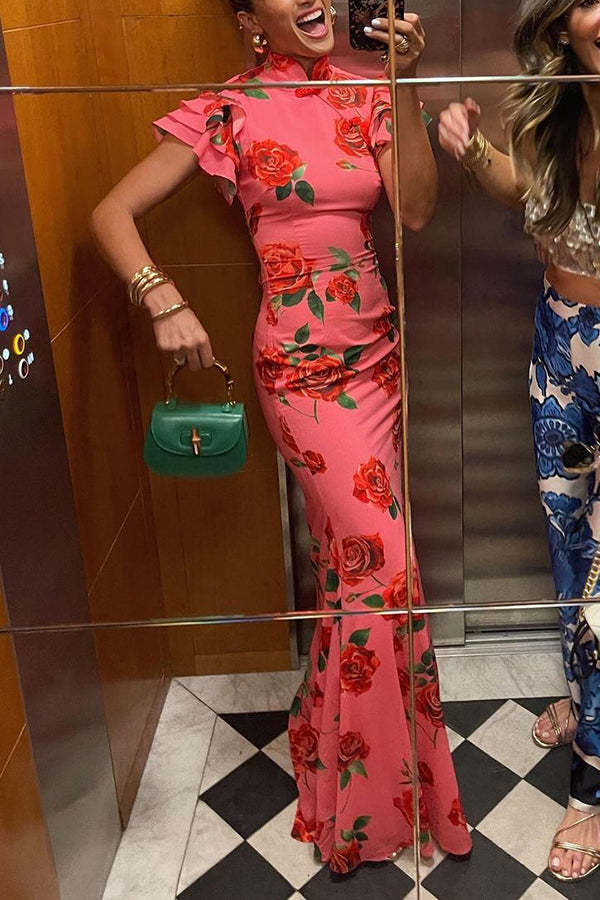 Rose Print Bodycon Maxi Dress