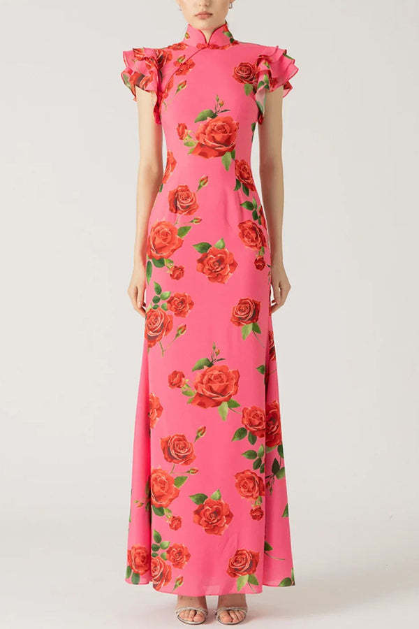Rose Print Bodycon Maxi Dress