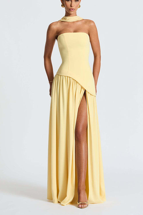 Yellow Strapless High Slit Maxi Dress