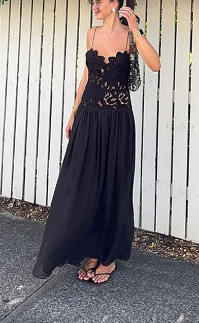 Black Crochet Lace Paneled Slip Maxi Dress