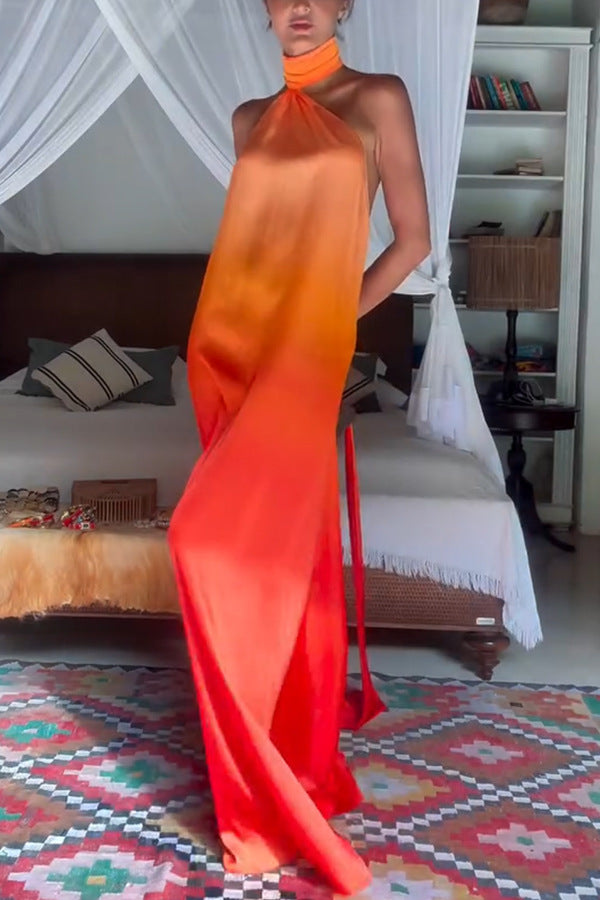 Orange Satin Halter Maxi Dress