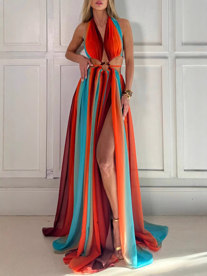 Bold Colorful Striped Halter Maxi Dress