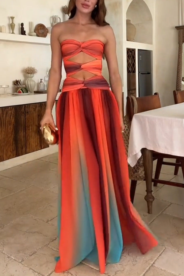 Orange Front Knot Bandeau Maxi Dress
