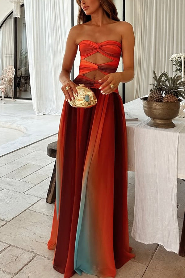 Orange Front Knot Bandeau Maxi Dress