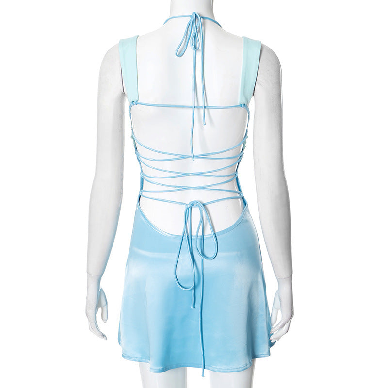 Satin Paneled Backless Mini Dress