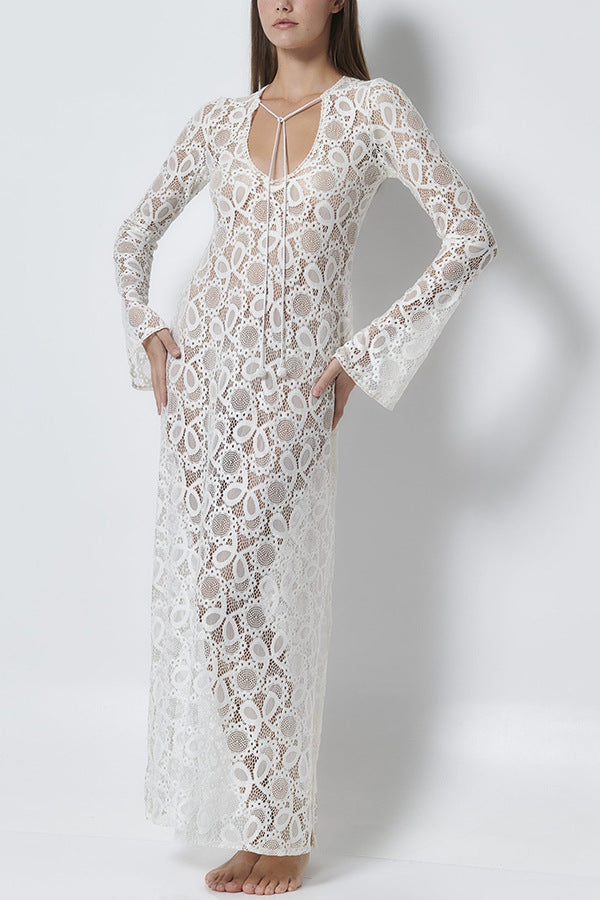 White Crochet Lace Long Sleeves Midi Dress
