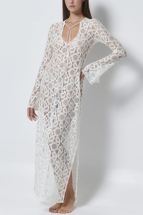 White Crochet Lace Long Sleeves Midi Dress