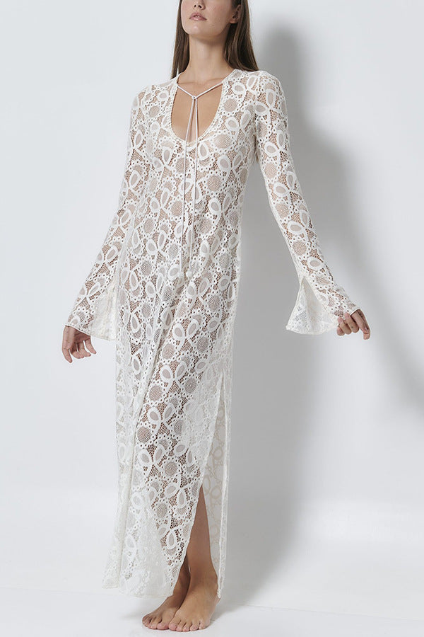 White Crochet Lace Long Sleeves Midi Dress