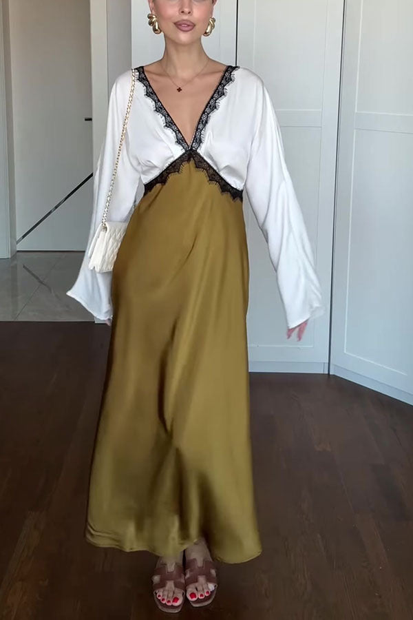 Color Block Satin Lace Trim Long Sleeve Maxi Dress