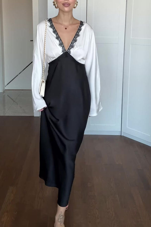 Color Block Satin Lace Trim Long Sleeve Maxi Dress