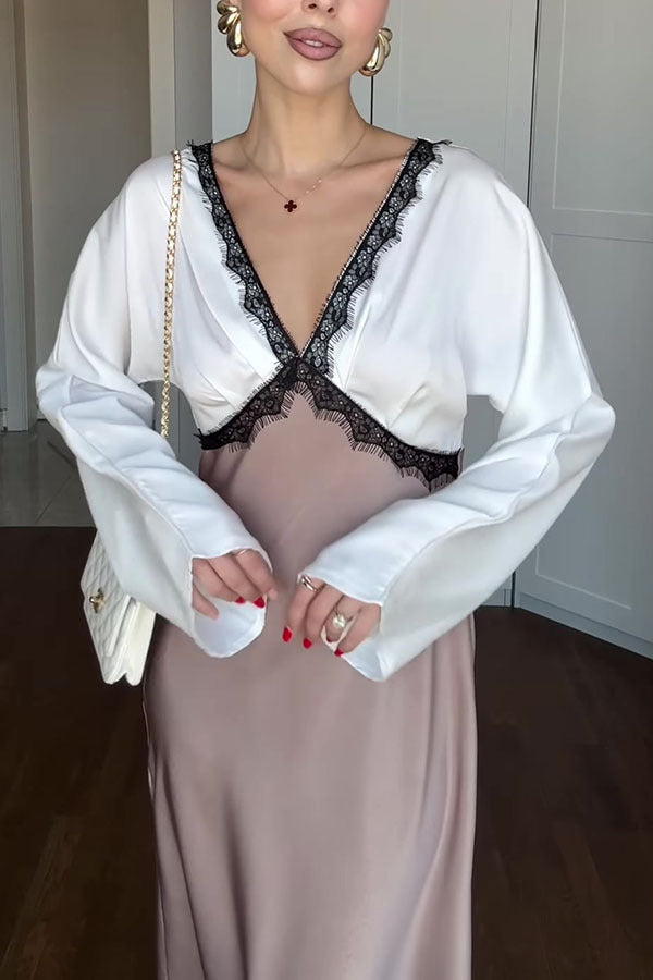 Color Block Satin Lace Trim Long Sleeve Maxi Dress