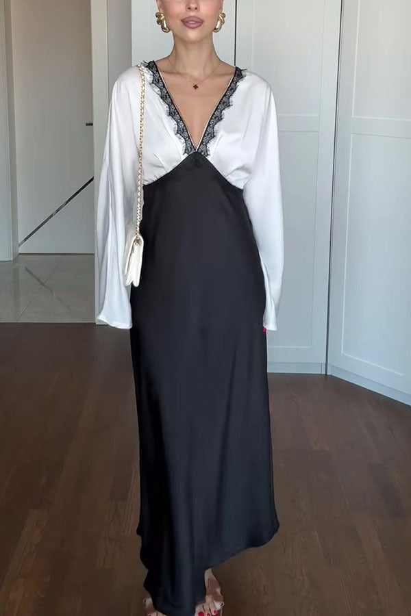 Color Block Satin Lace Trim Long Sleeve Maxi Dress
