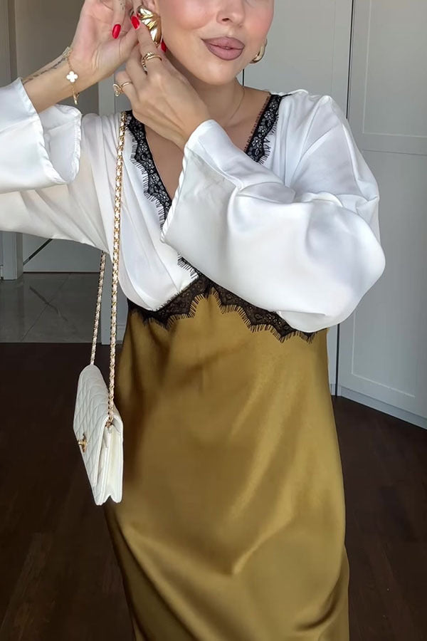 Color Block Satin Lace Trim Long Sleeve Maxi Dress