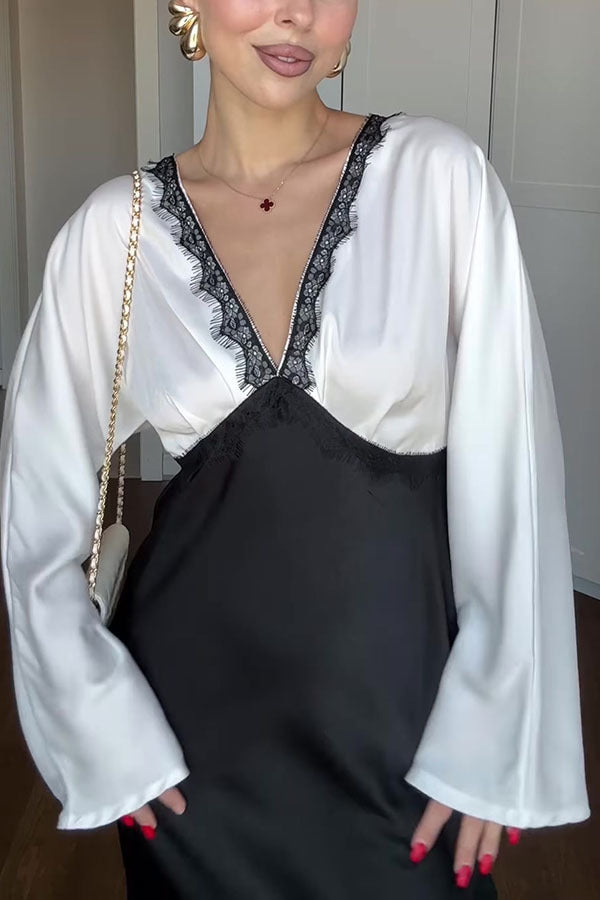 Color Block Satin Lace Trim Long Sleeve Maxi Dress