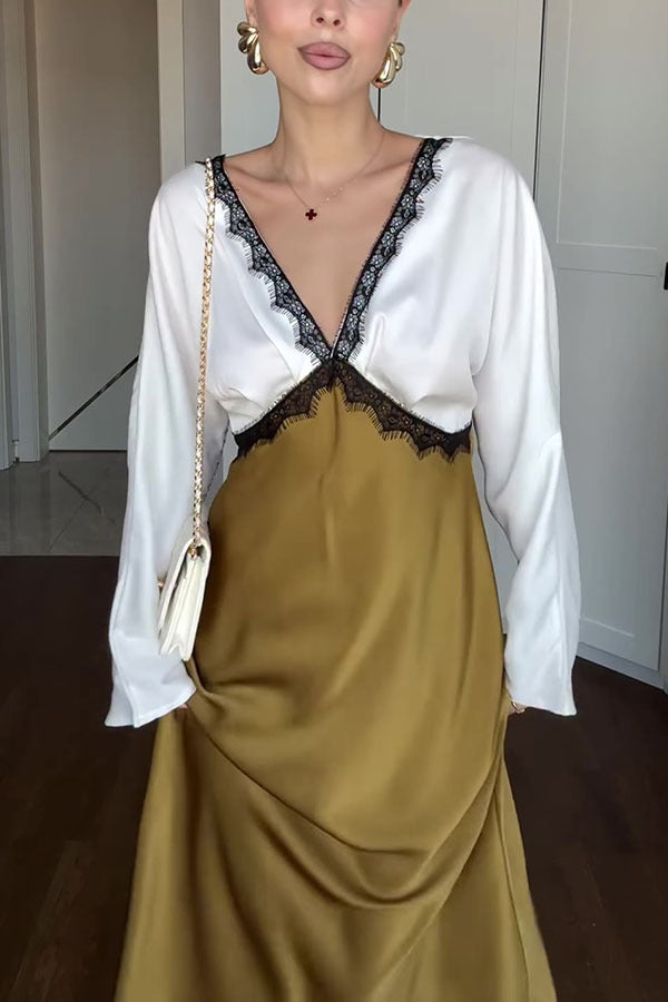 Color Block Satin Lace Trim Long Sleeve Maxi Dress