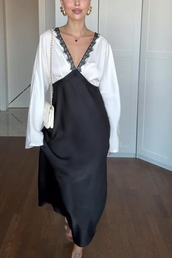 Color Block Satin Lace Trim Long Sleeve Maxi Dress
