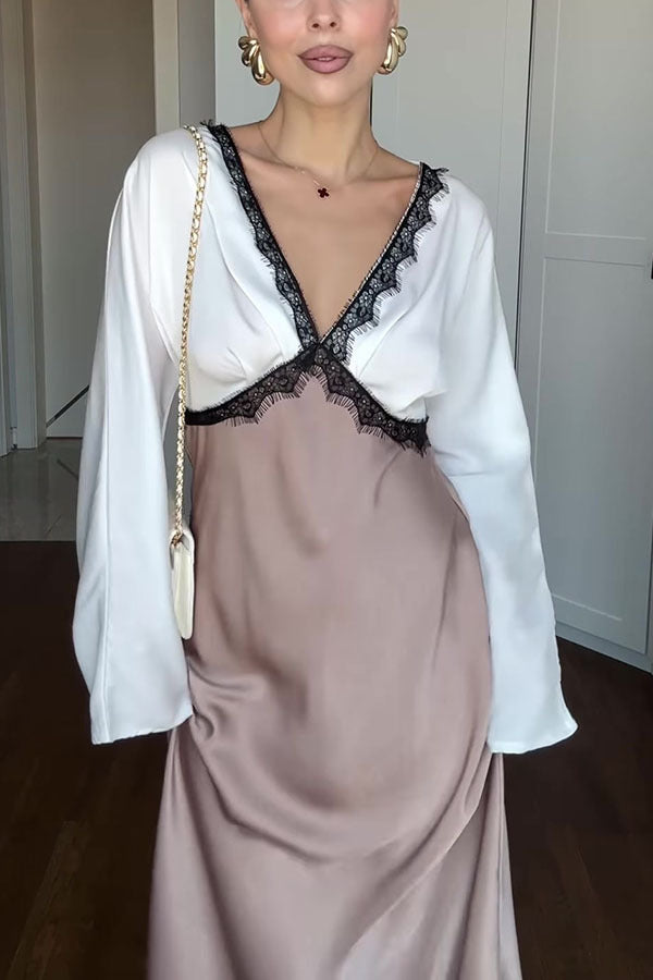 Color Block Satin Lace Trim Long Sleeve Maxi Dress