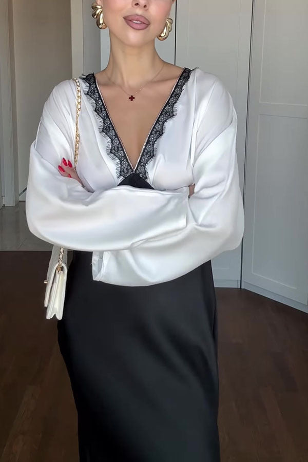 Color Block Satin Lace Trim Long Sleeve Maxi Dress