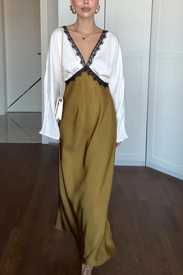 Color Block Satin Lace Trim Long Sleeve Maxi Dress