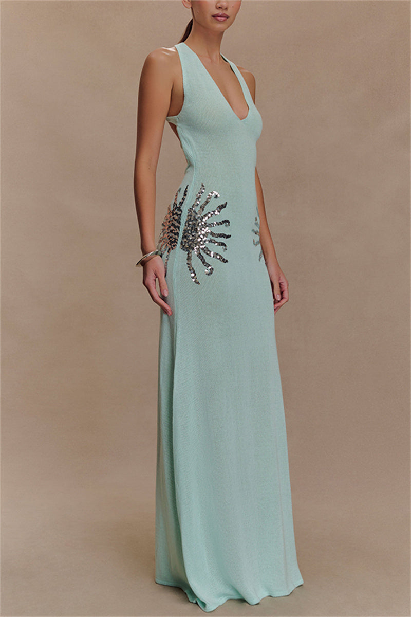 Sequin Star Back Crossover Straps Knit Maxi Dress