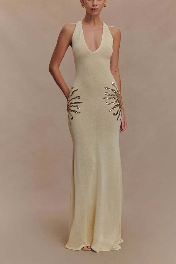 Sequin Star Back Crossover Straps Knit Maxi Dress