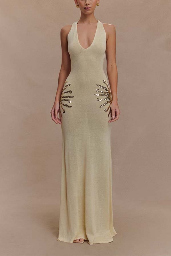 Sequin Star Back Crossover Straps Knit Maxi Dress