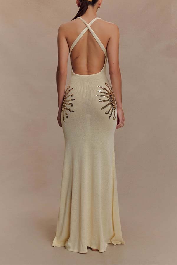 Sequin Star Back Crossover Straps Knit Maxi Dress