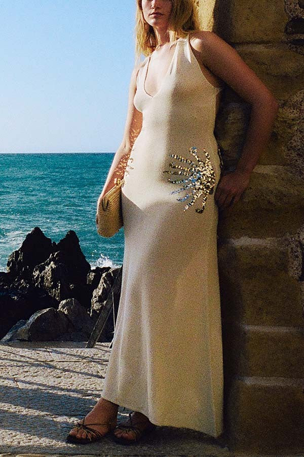 Sequin Star Back Crossover Straps Knit Maxi Dress