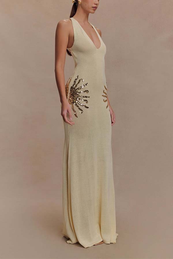 Sequin Star Back Crossover Straps Knit Maxi Dress