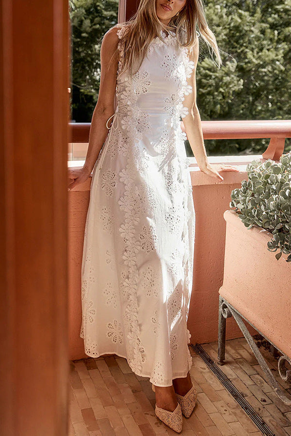 White Embroidery Crochet Flower Maxi Dress