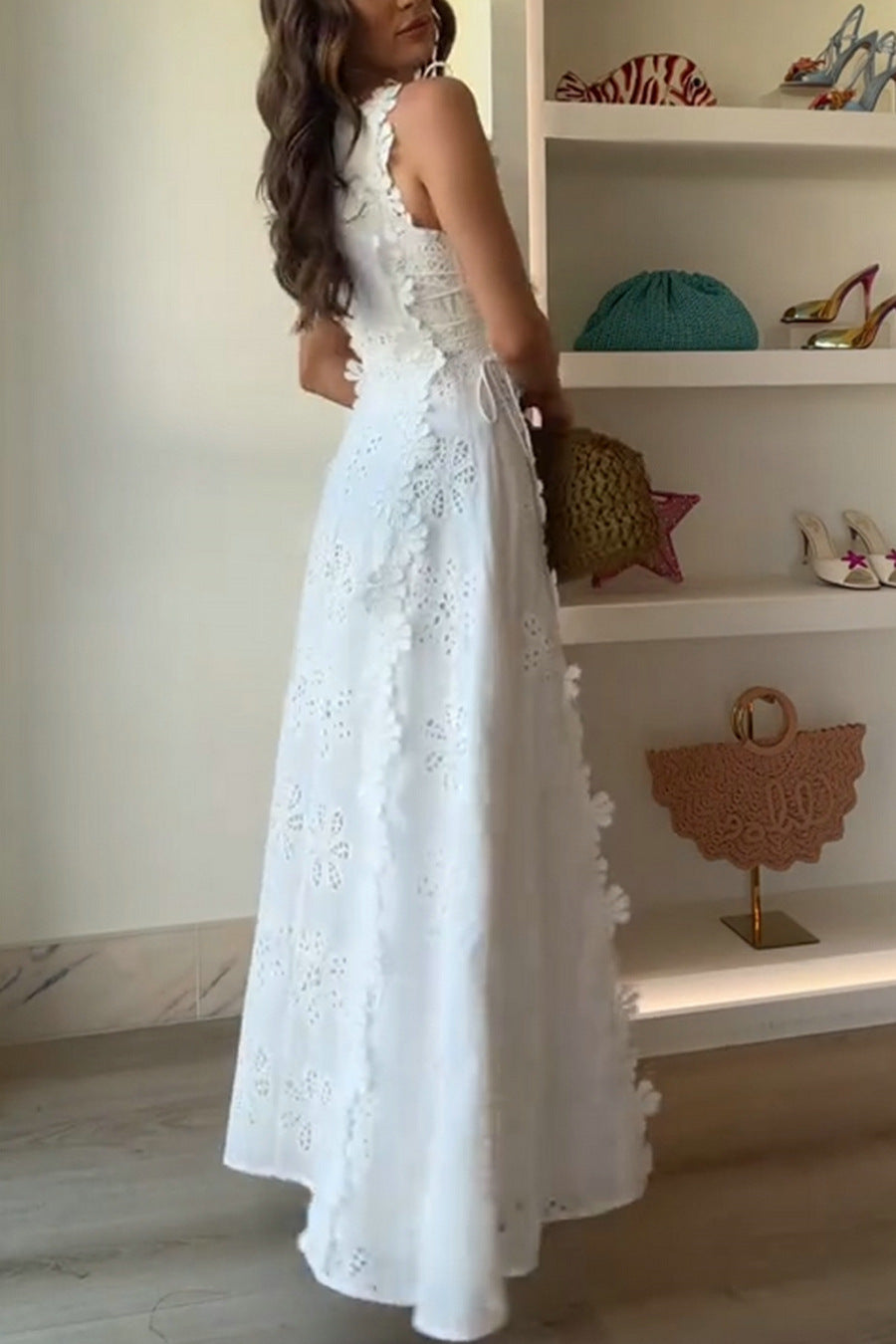 White Embroidery Crochet Flower Maxi Dress