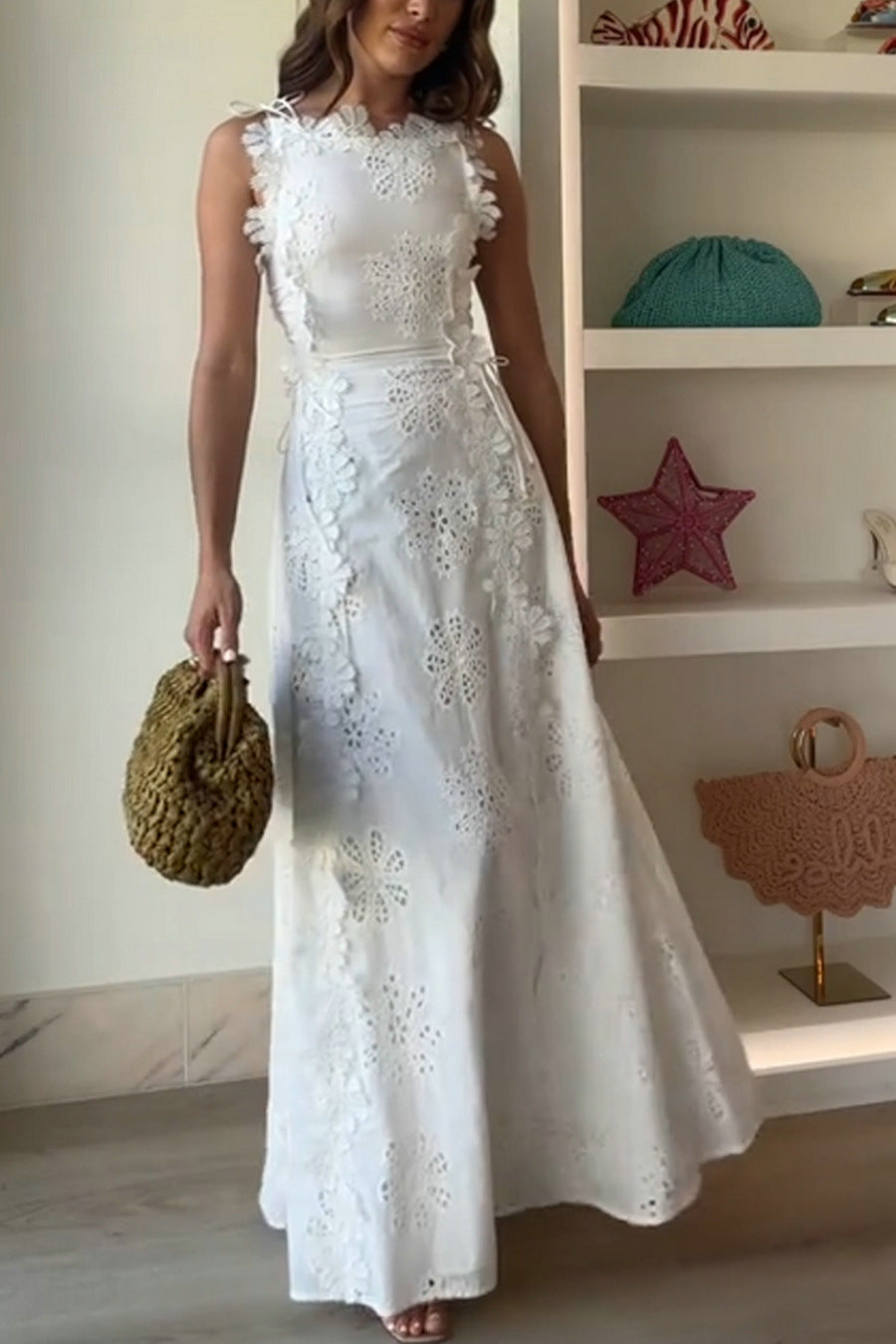 White Embroidery Crochet Flower Maxi Dress