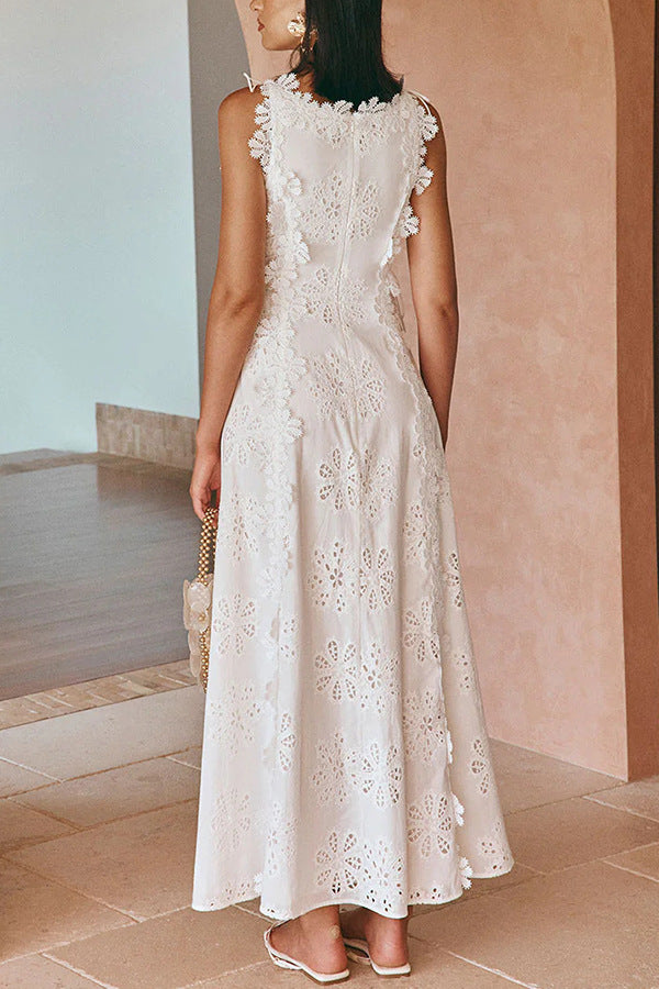 White Embroidery Crochet Flower Maxi Dress