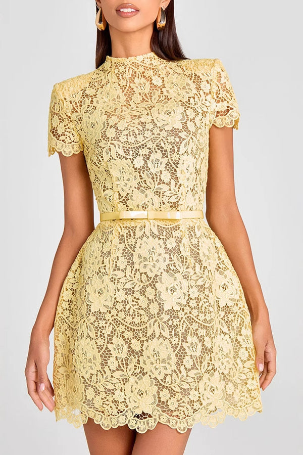 Yellow Crochet Lace Short Sleeve Mini Dress