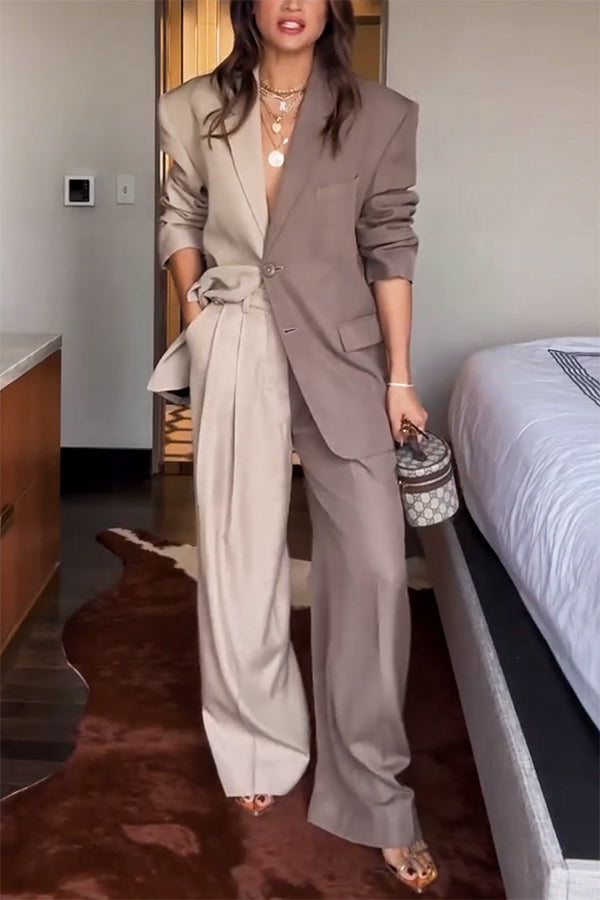 Color Block Boyfriend Blazer and Pocketed Wide Leg Pants Two-Piece Set