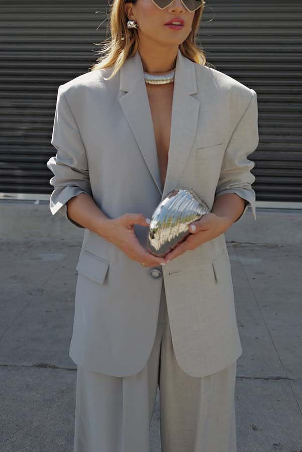 Color Block Boyfriend Blazer and Pocketed Wide Leg Pants Two-Piece Set