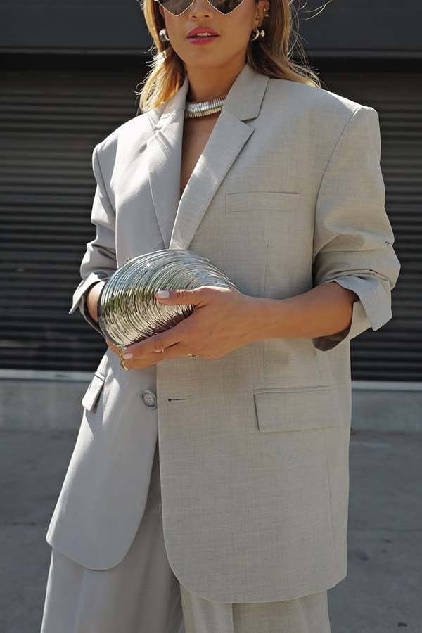 Color Block Boyfriend Blazer and Pocketed Wide Leg Pants Two-Piece Set