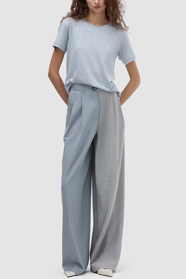 Color Block Boyfriend Blazer and Pocketed Wide Leg Pants Two-Piece Set