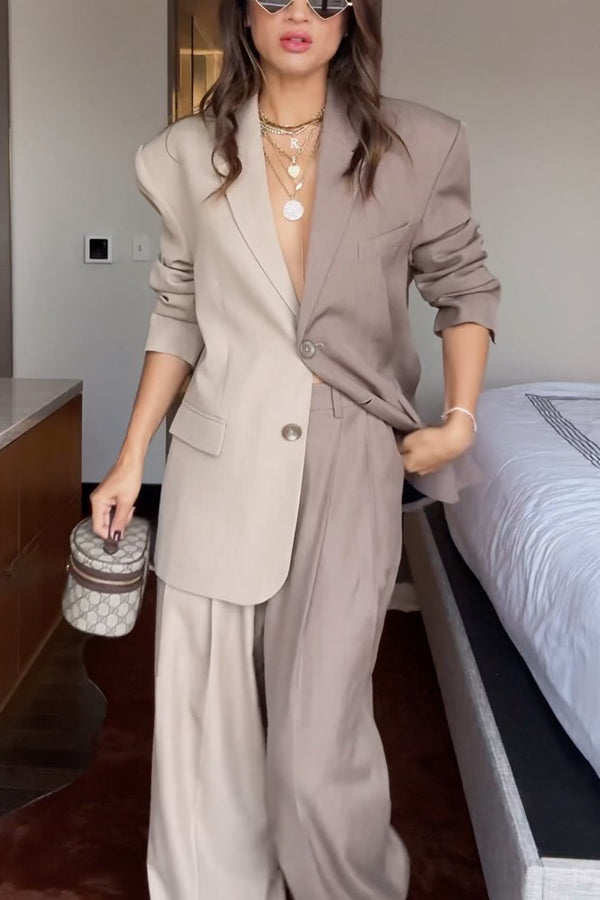 Color Block Boyfriend Blazer and Pocketed Wide Leg Pants Two-Piece Set