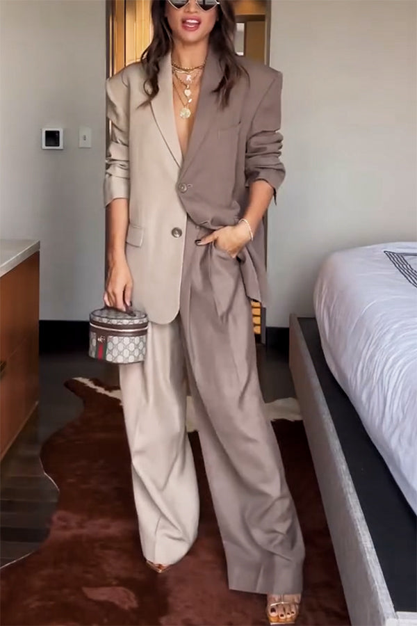 Color Block Boyfriend Blazer and Pocketed Wide Leg Pants Two-Piece Set