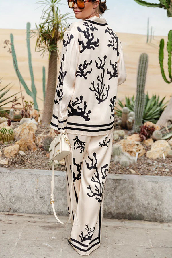 Beige Silhouette Print Button Down Satin Blouse
