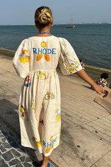Beige Floral Short Sleeves Linen Midi Dress
