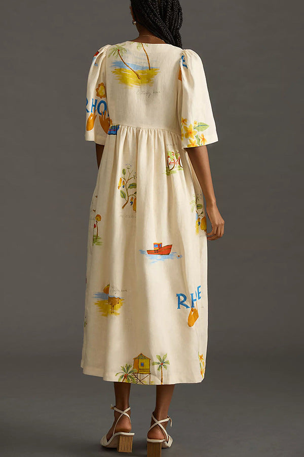 Beige Floral Short Sleeves Linen Midi Dress