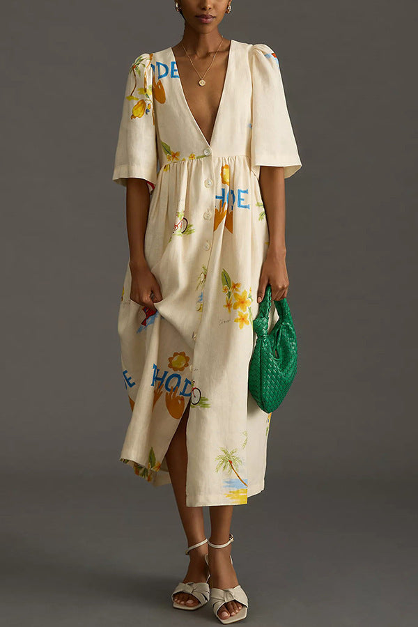 Beige Floral Short Sleeves Linen Midi Dress