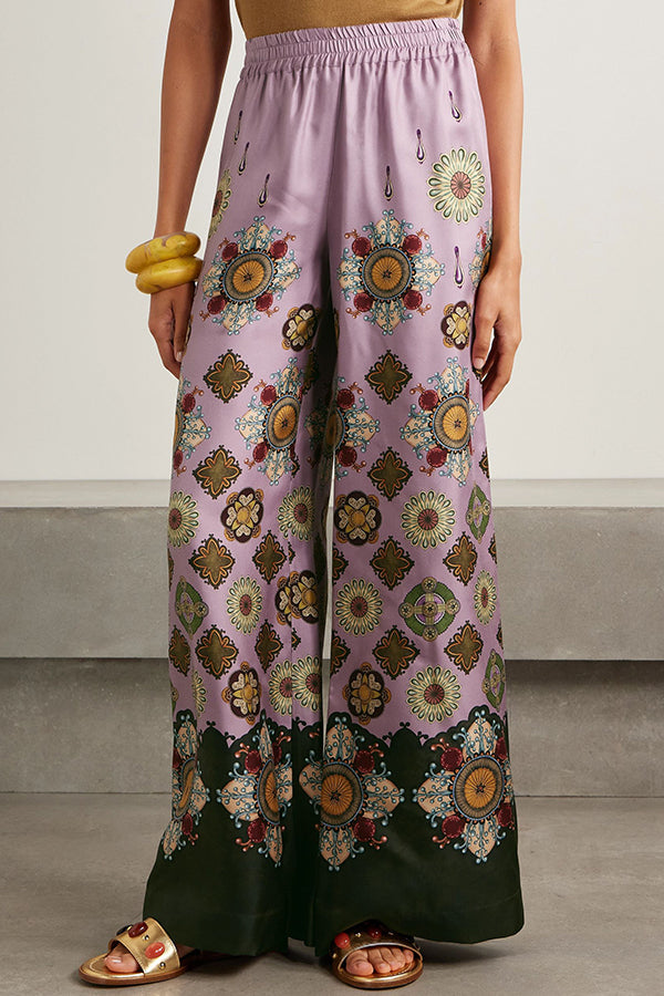 Purple Tribal Print Batwing Sleeve Top and Wide-leg Pants Two-Piece Set