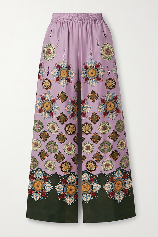 Purple Tribal Print Batwing Sleeve Top and Wide-leg Pants Two-Piece Set
