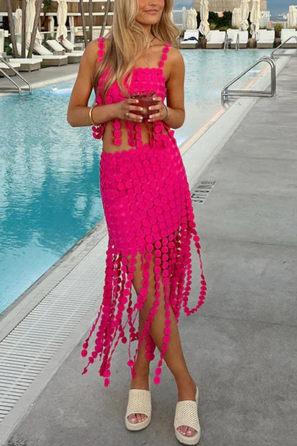 Circle Embroidery Tassle Tank Top and Midi Skirt Two-Piece Set