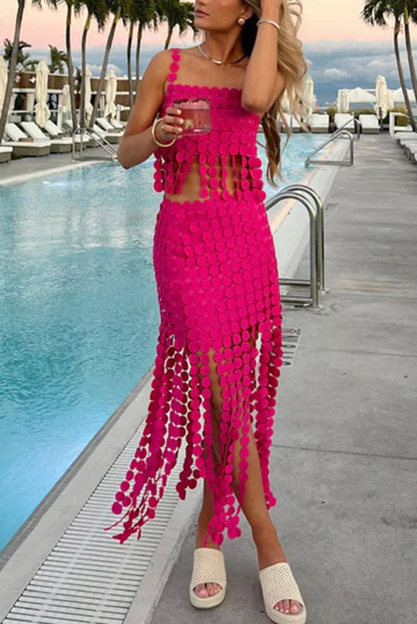 Circle Embroidery Tassle Tank Top and Midi Skirt Two-Piece Set
