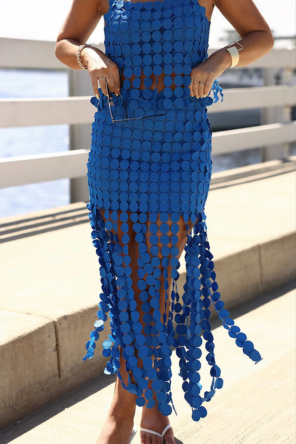 Circle Embroidery Tassle Tank Top and Midi Skirt Two-Piece Set